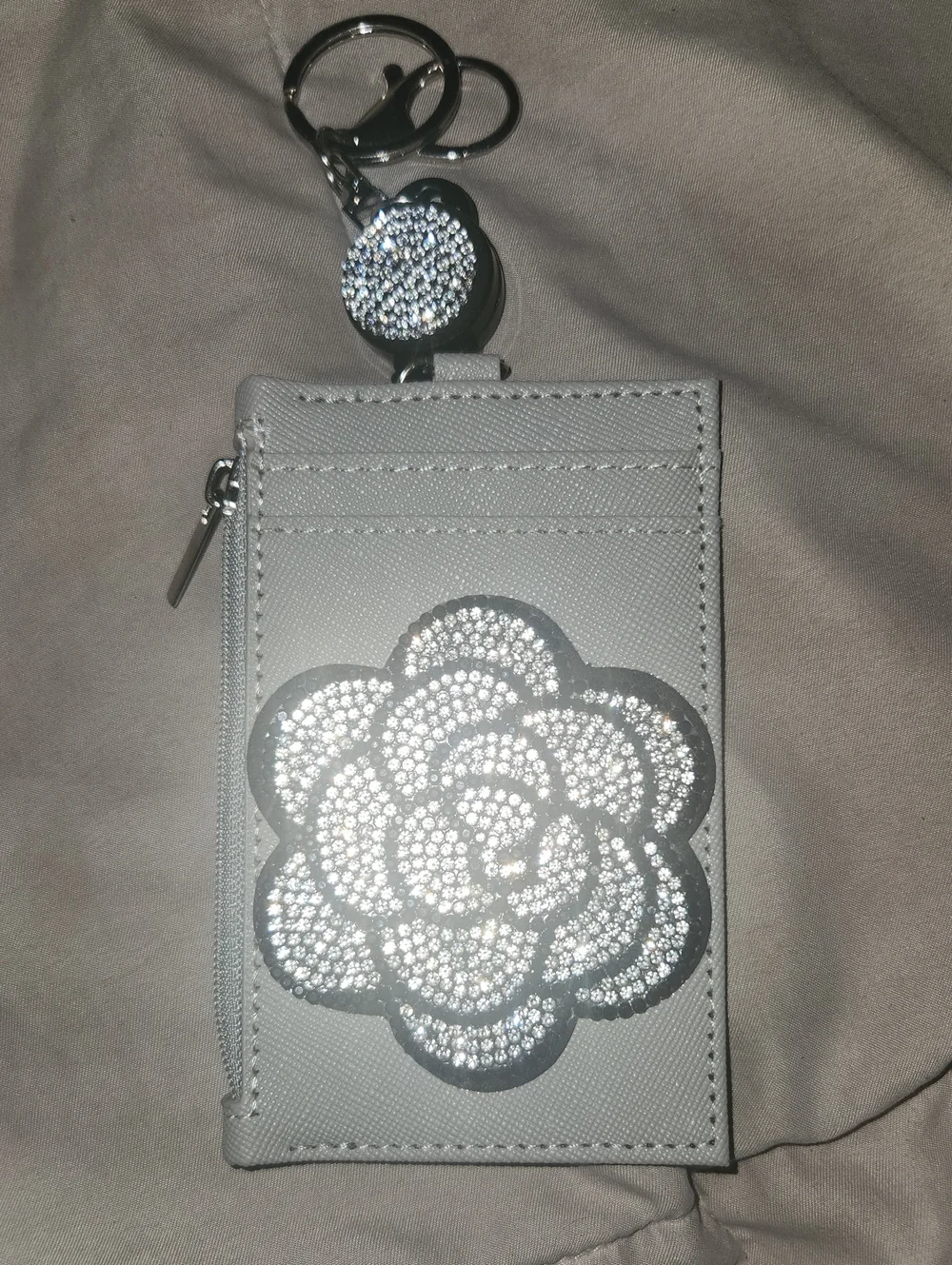 Grey Crystal Flower Card Holder Keychain